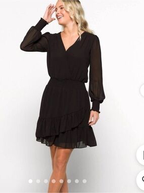 Michael Kors Black Long-Sleeve V-Neck Ruffle Dress